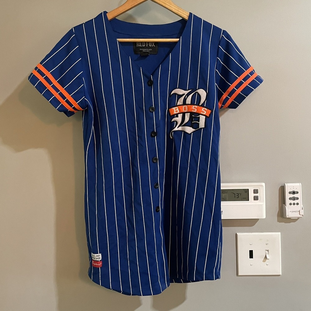 Red Fox Top Striped Baseball Jersey Button Down‎ Short Sleeve Womens Medium